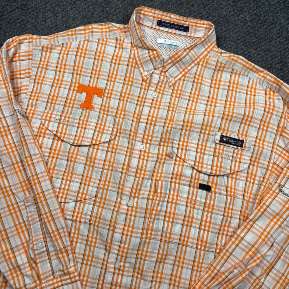 Columbia PFG Super Bonehead Shirt Mens XL Orange Plaid Tennessee Vols Fishing